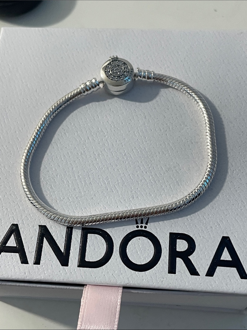 Pandora Silver Snake Chain Bracelet with Pavé Round Clasp - Silver